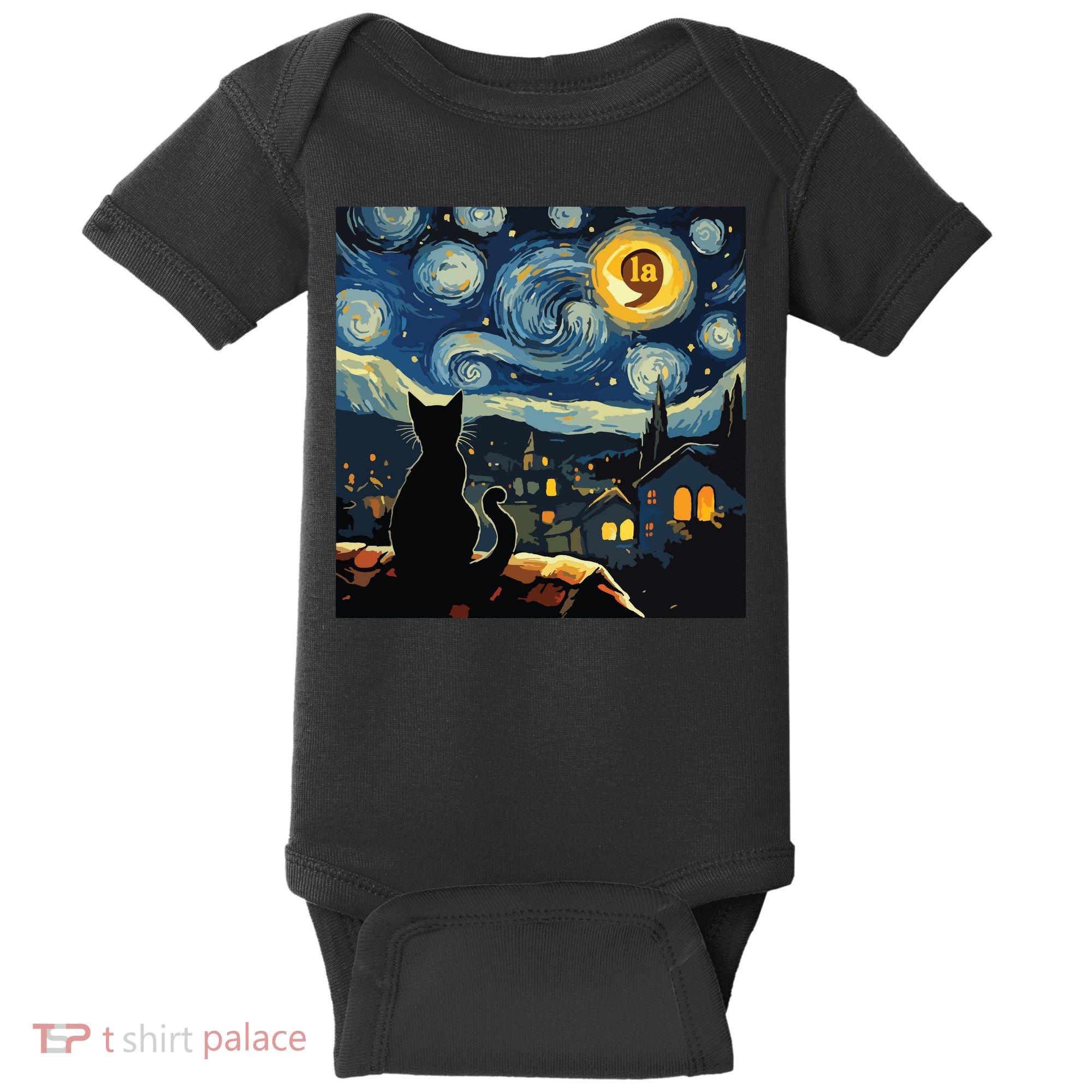 Halloween Starry Night Black Cat Comma La Kamala Harris Baby Bodysuit