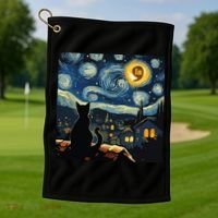Halloween Starry Night Black Cat Comma La Kamala Harris Golf Towel thumb 1