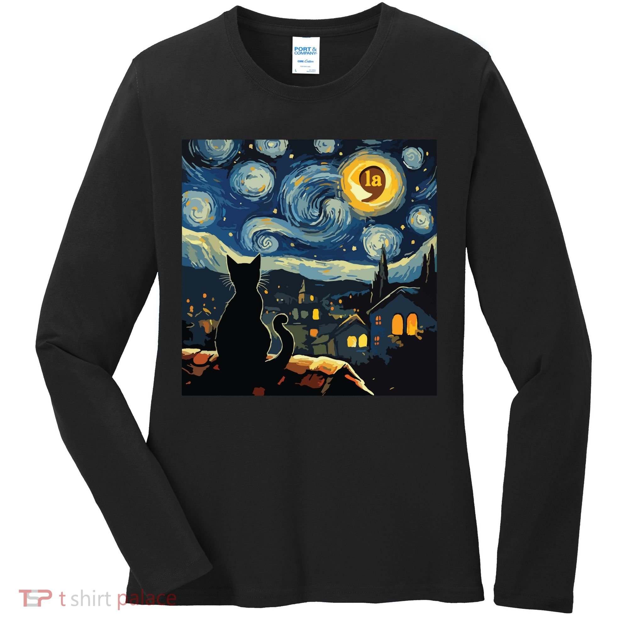 Halloween Starry Night Black Cat Comma La Kamala Harris Women's Long Sleeve Shirt