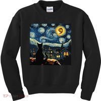 Halloween Starry Night Black Cat Comma La Kamala Harris Kids Sweatshirt thumb 0