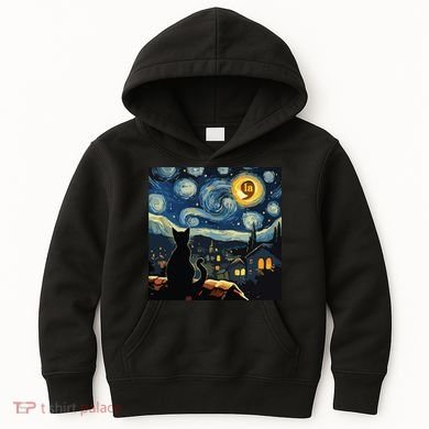 Halloween Starry Night Black Cat Comma La Kamala Harris Kids Hoodie