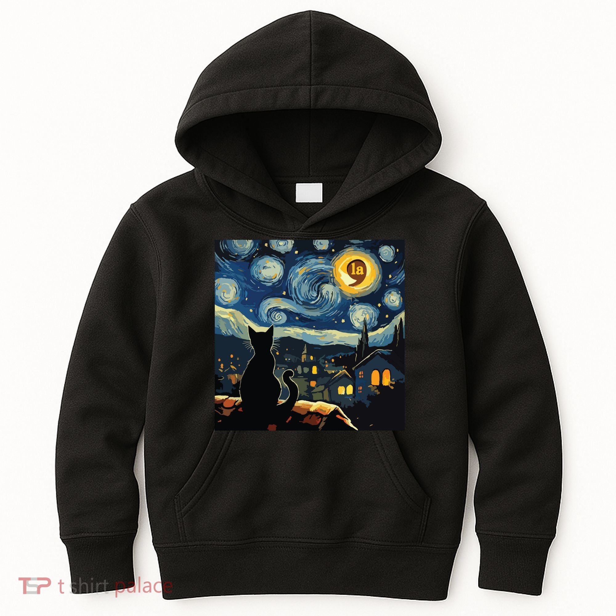Halloween Starry Night Black Cat Comma La Kamala Harris Kids Hoodie