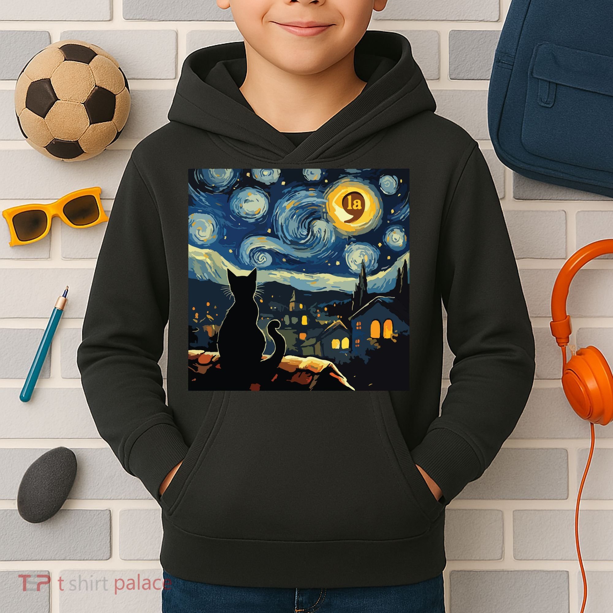 Halloween Starry Night Black Cat Comma La Kamala Harris Kids Hoodie