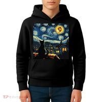 Halloween Starry Night Black Cat Comma La Kamala Harris Kids Hoodie thumb 4