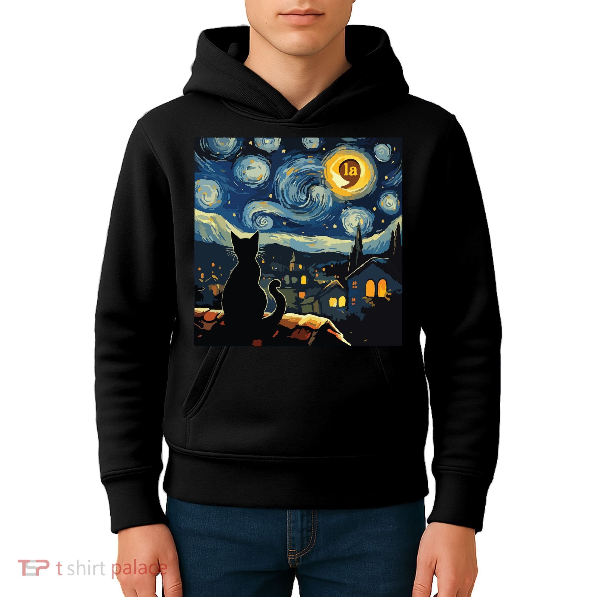 Halloween Starry Night Black Cat Comma La Kamala Harris Kids Hoodie