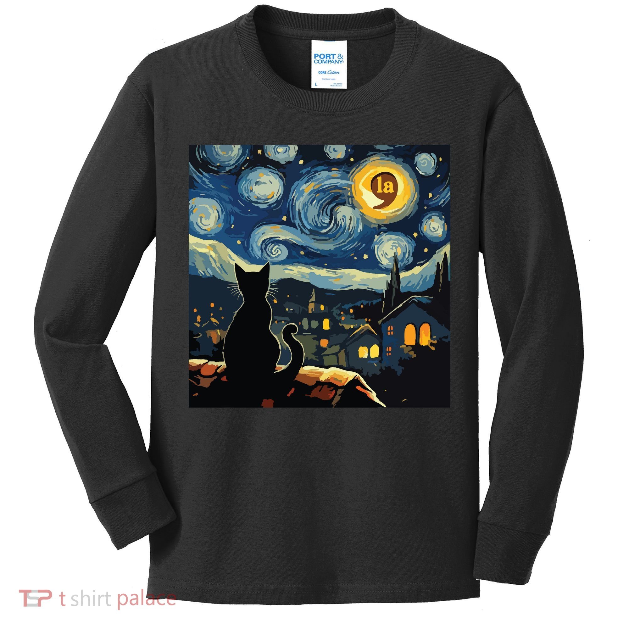 Halloween Starry Night Black Cat Comma La Kamala Harris Kids Long Sleeve Shirt