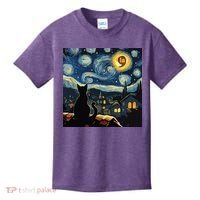 Halloween Starry Night Black Cat Comma La Kamala Harris Kids T-Shirt thumb 0