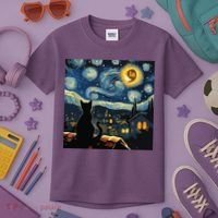 Halloween Starry Night Black Cat Comma La Kamala Harris Kids T-Shirt thumb 3