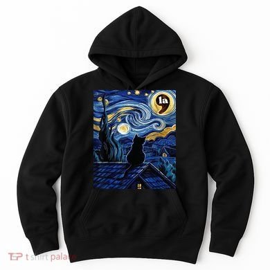 Halloween Starry Night Black Cat Comma La Kamala Harris Hoodie