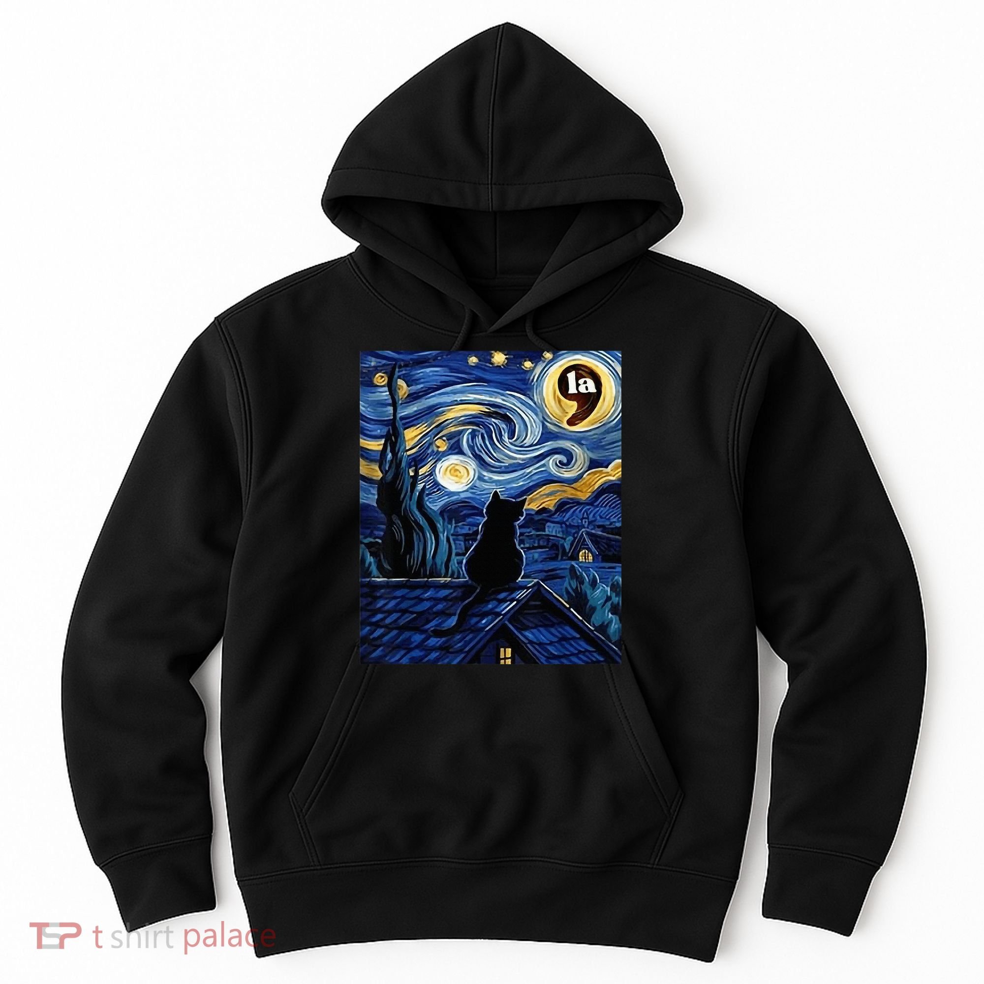Halloween Starry Night Black Cat Comma La Kamala Harris Hoodie