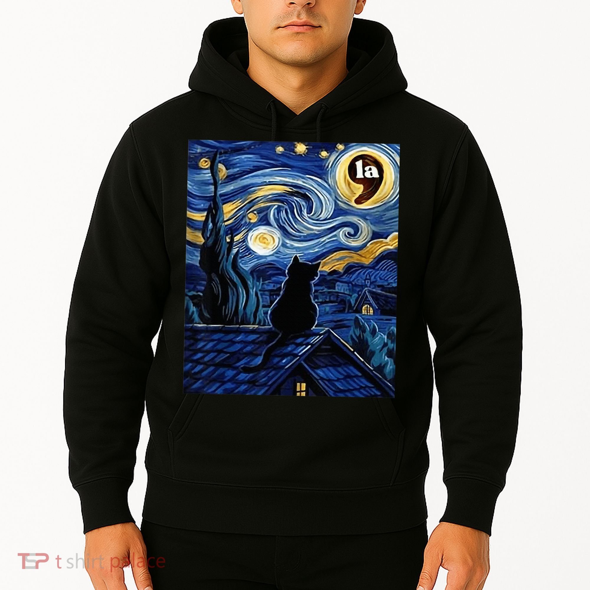 Halloween Starry Night Black Cat Comma La Kamala Harris Hoodie