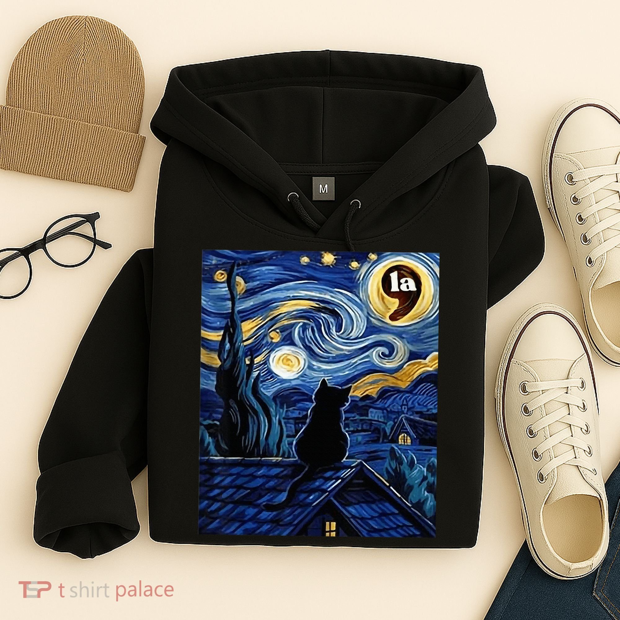 Halloween Starry Night Black Cat Comma La Kamala Harris Hoodie