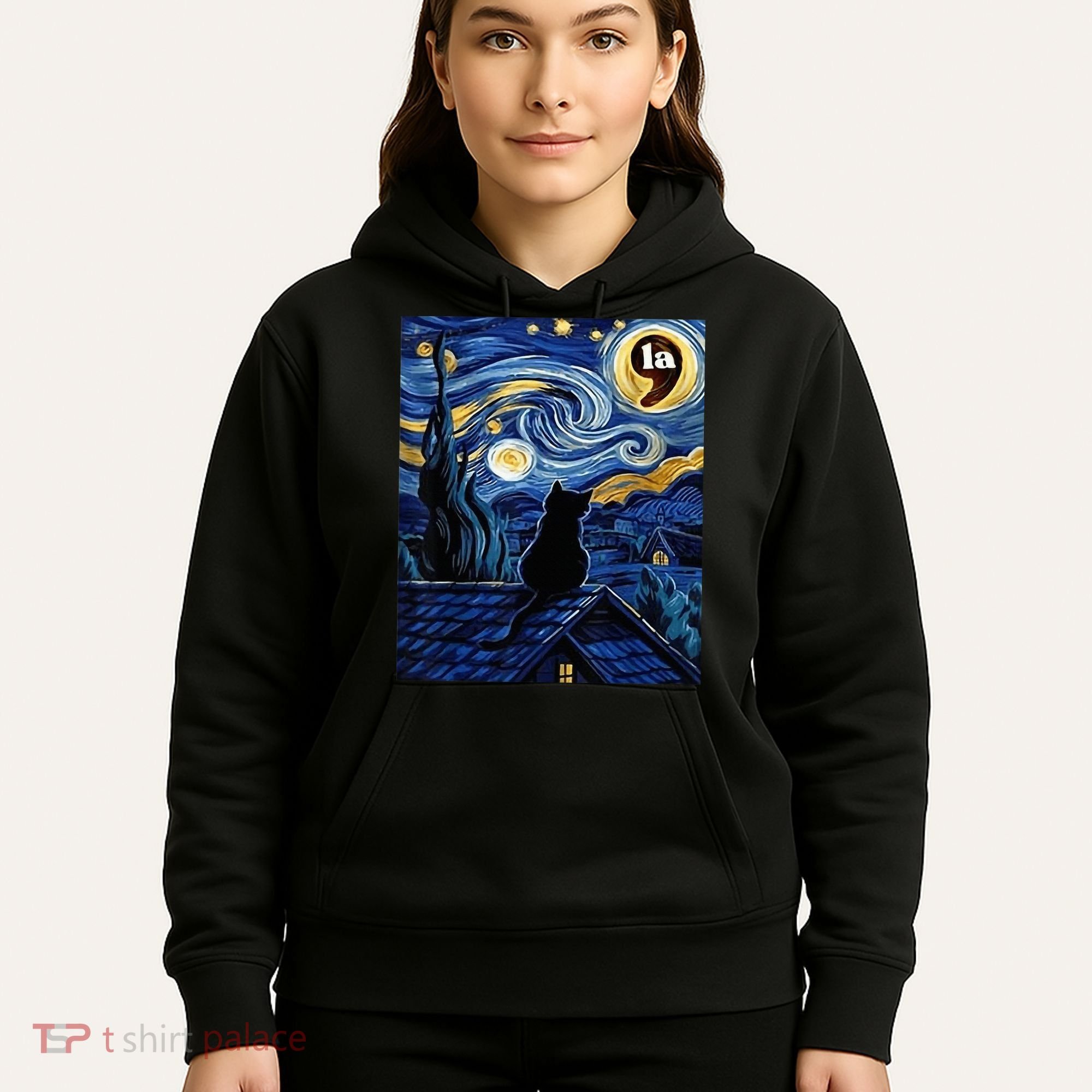 Halloween Starry Night Black Cat Comma La Kamala Harris Hoodie