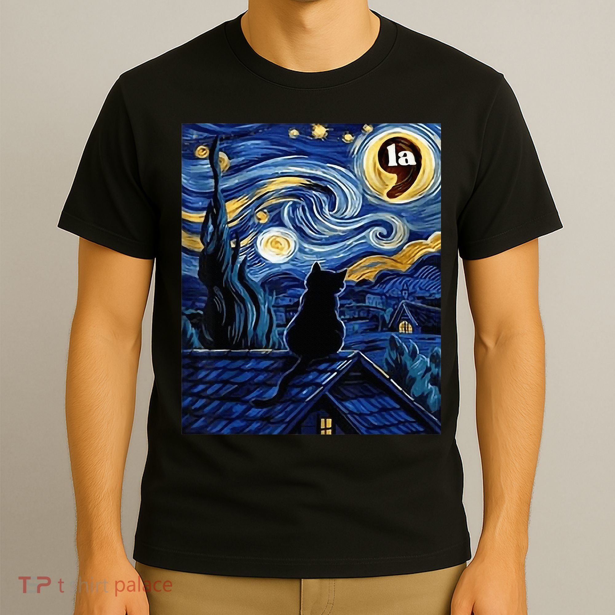 Halloween Starry Night Black Cat Comma La Kamala Harris T-Shirt