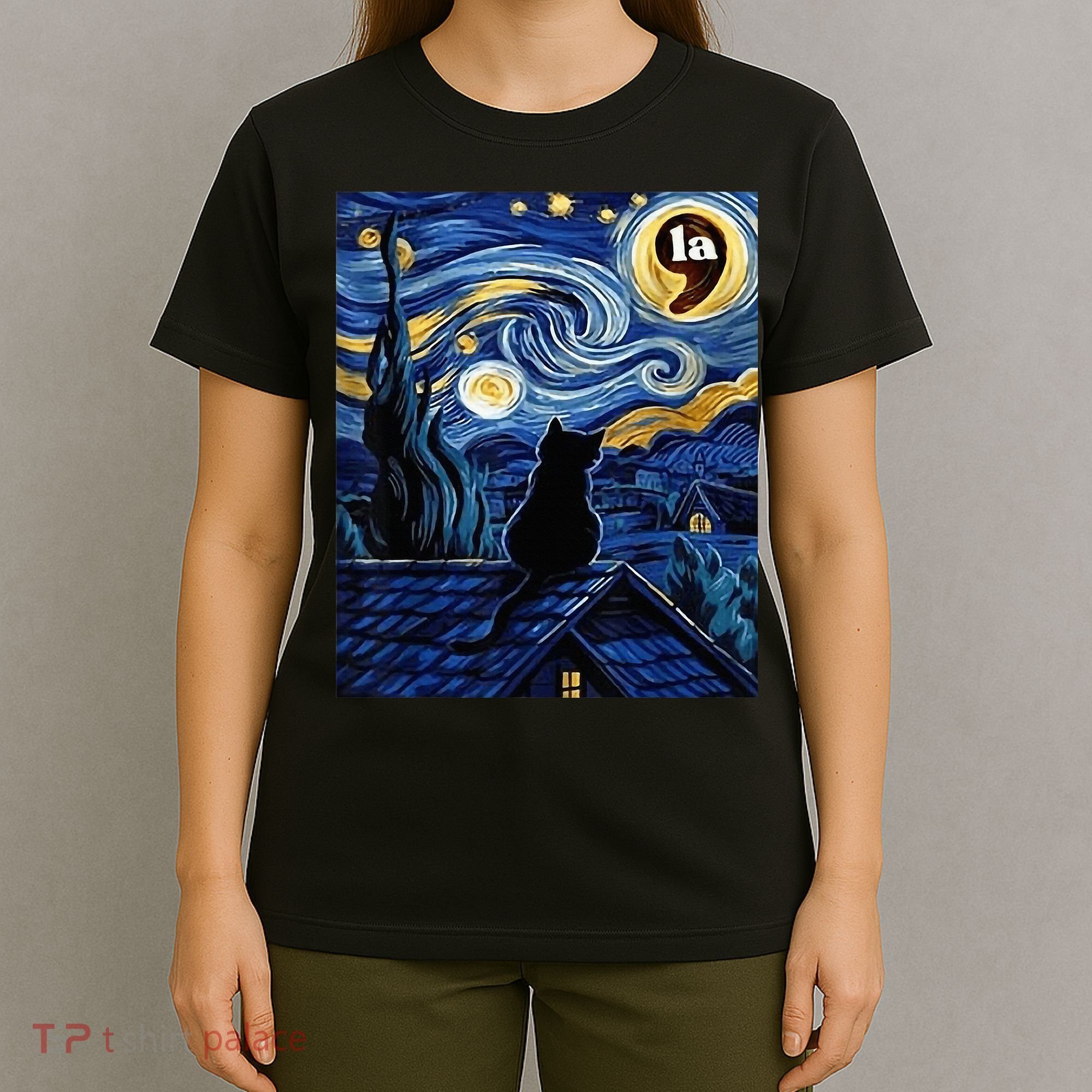 Halloween Starry Night Black Cat Comma La Kamala Harris T-Shirt