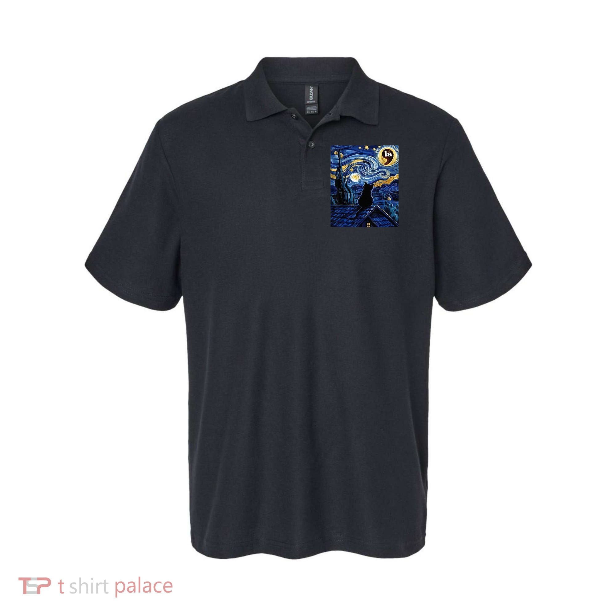 Halloween Starry Night Black Cat Comma La Kamala Harris Polo