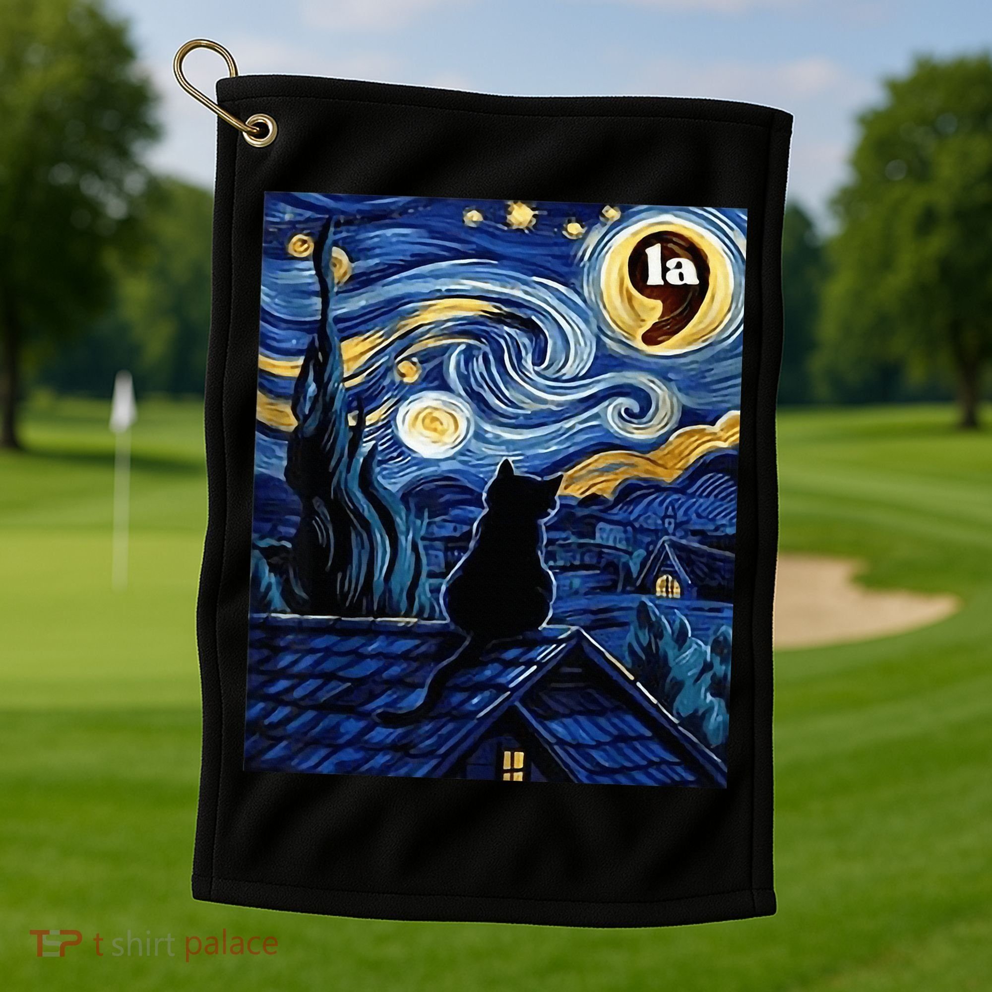 Halloween Starry Night Black Cat Comma La Kamala Harris Golf Towel