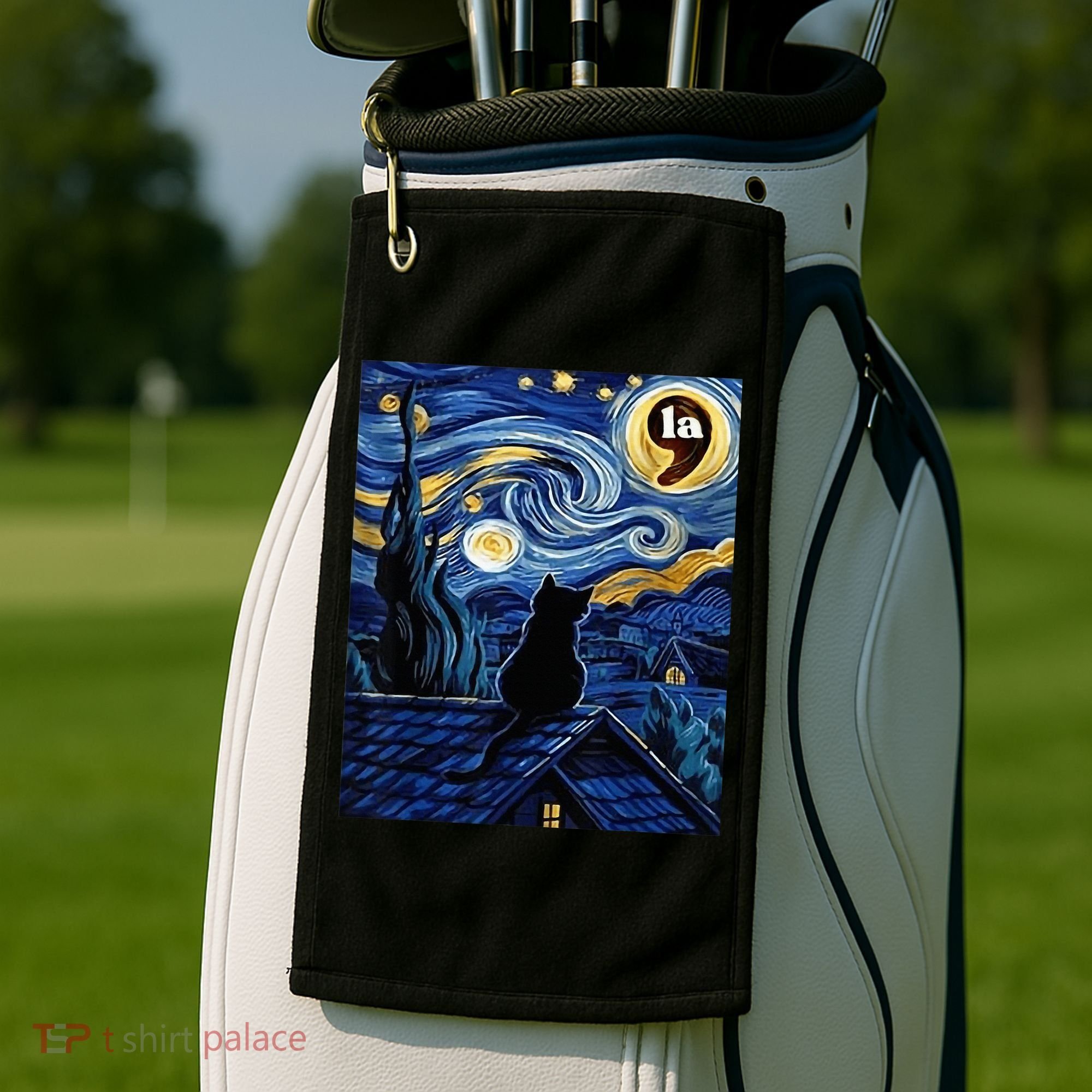 Halloween Starry Night Black Cat Comma La Kamala Harris Golf Towel