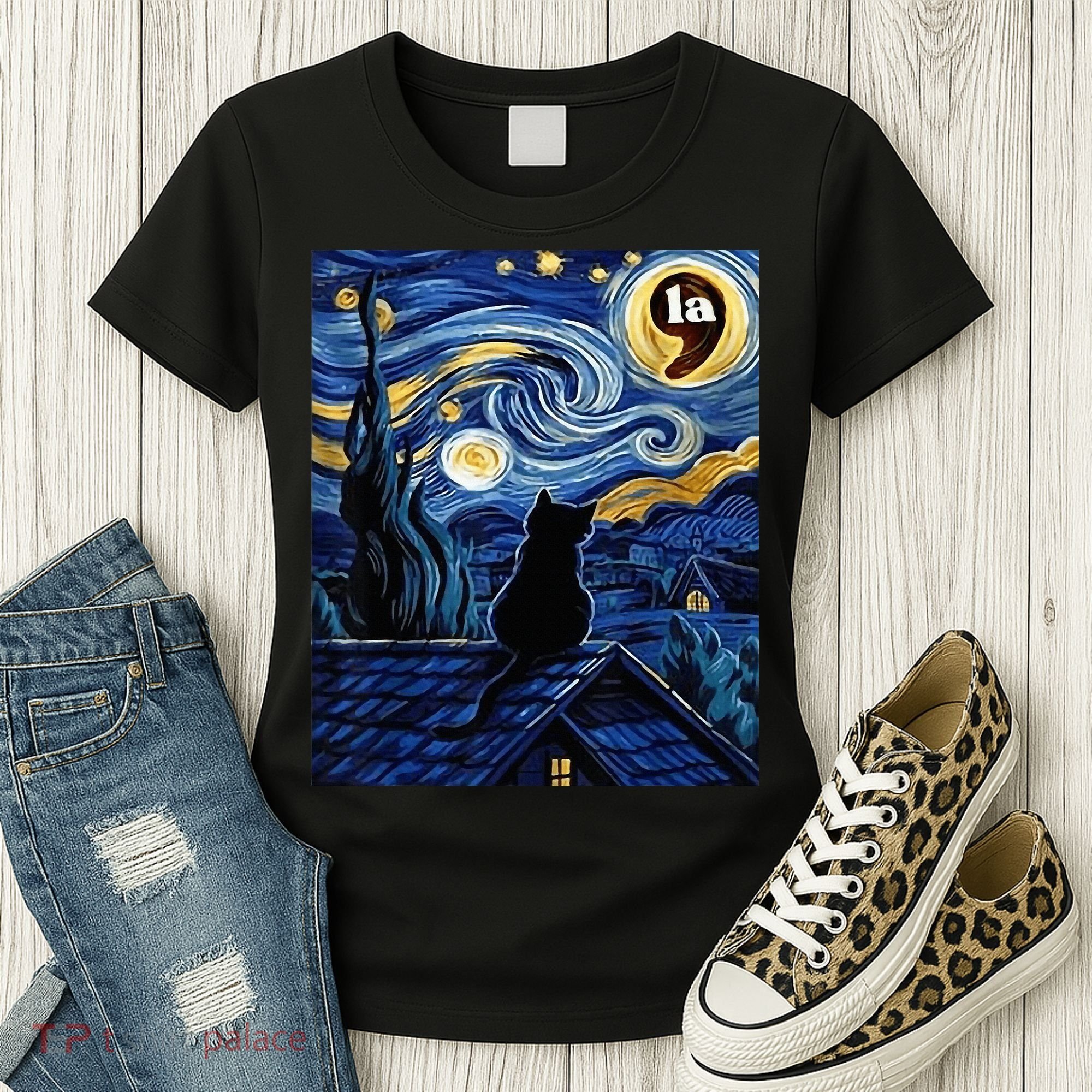 Halloween Starry Night Black Cat Comma La Kamala Harris Women's T-Shirt