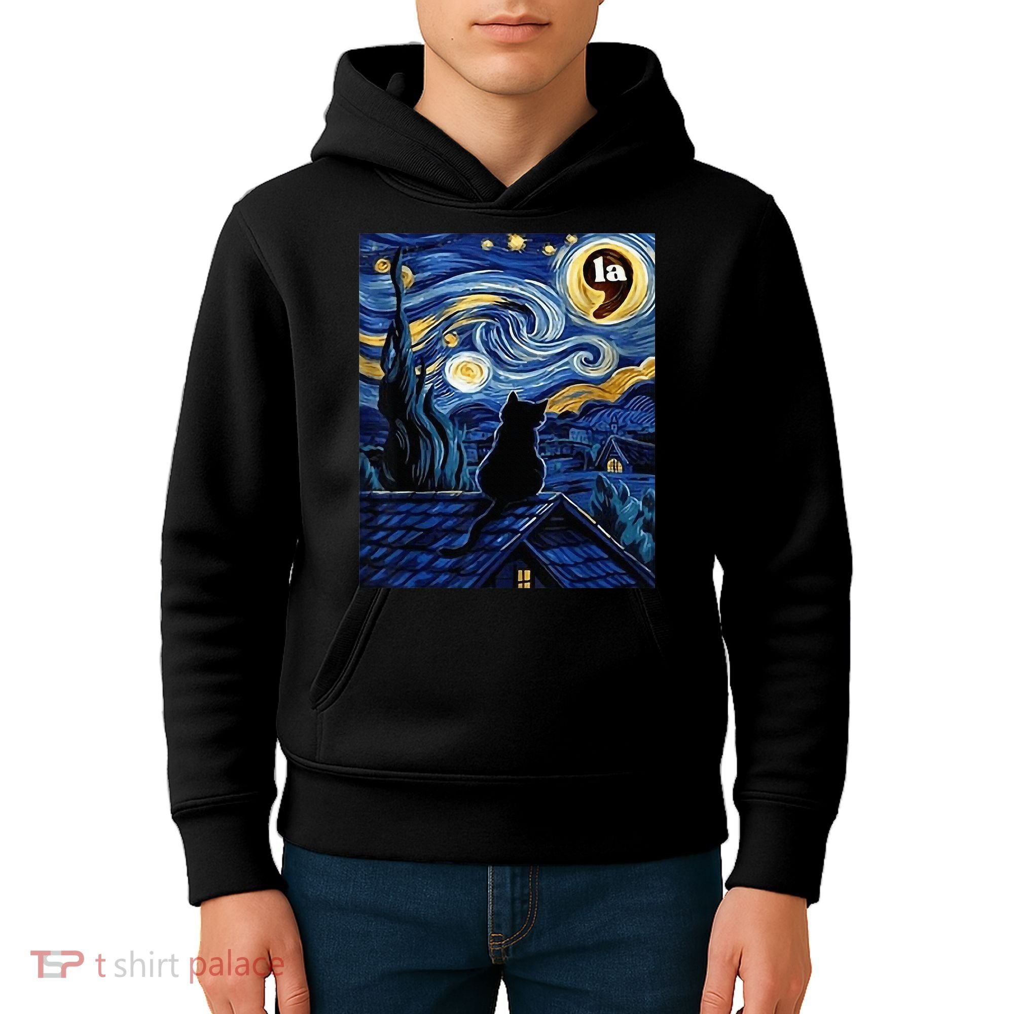 Halloween Starry Night Black Cat Comma La Kamala Harris Kids Hoodie