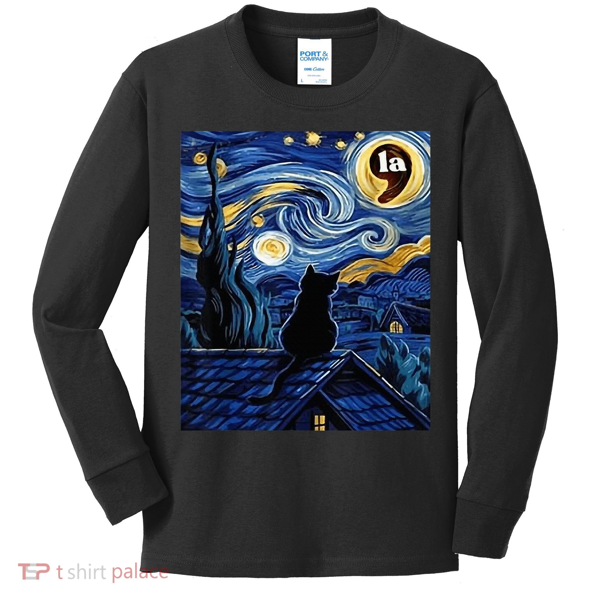 Halloween Starry Night Black Cat Comma La Kamala Harris Kids Long Sleeve Shirt