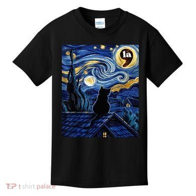 Halloween Starry Night Black Cat Comma La Kamala Harris Kids T-Shirt