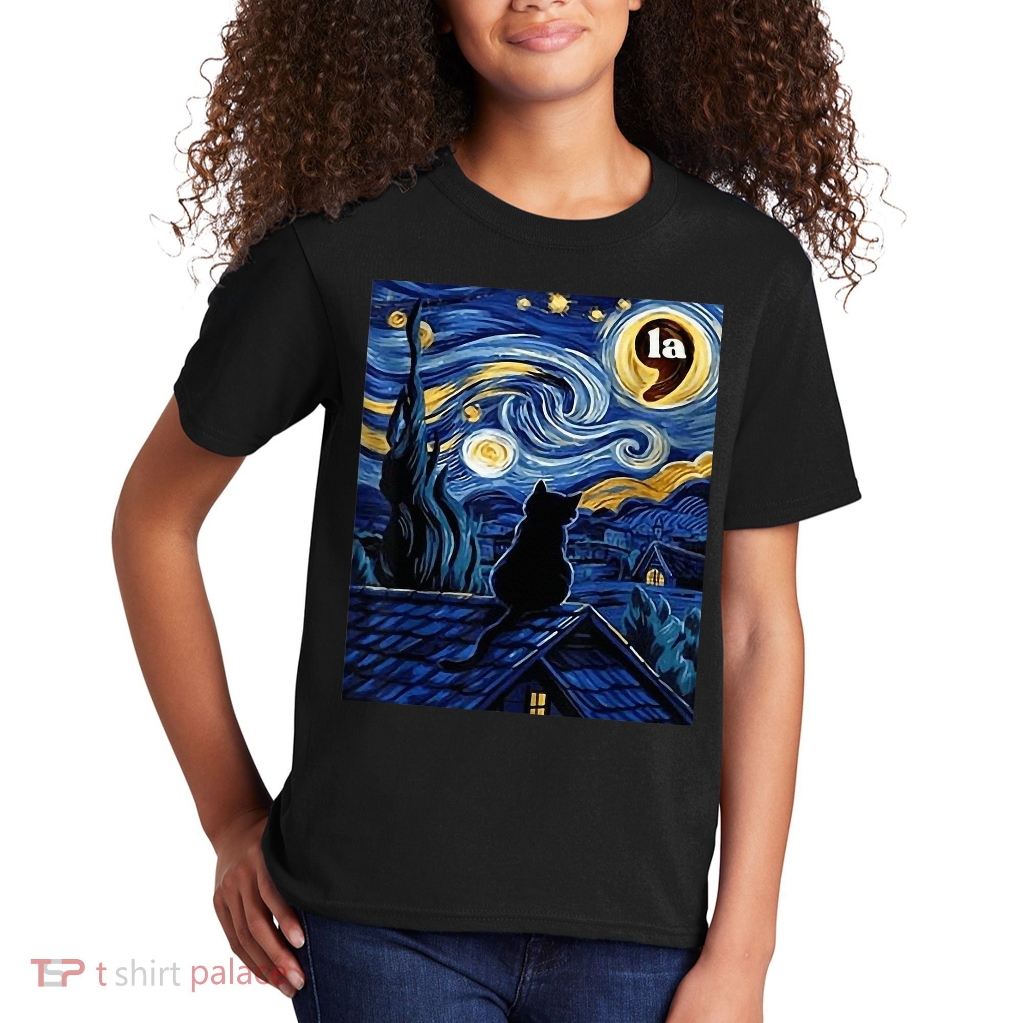 Halloween Starry Night Black Cat Comma La Kamala Harris Kids T-Shirt