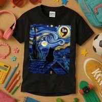 Halloween Starry Night Black Cat Comma La Kamala Harris Kids T-Shirt thumb 3