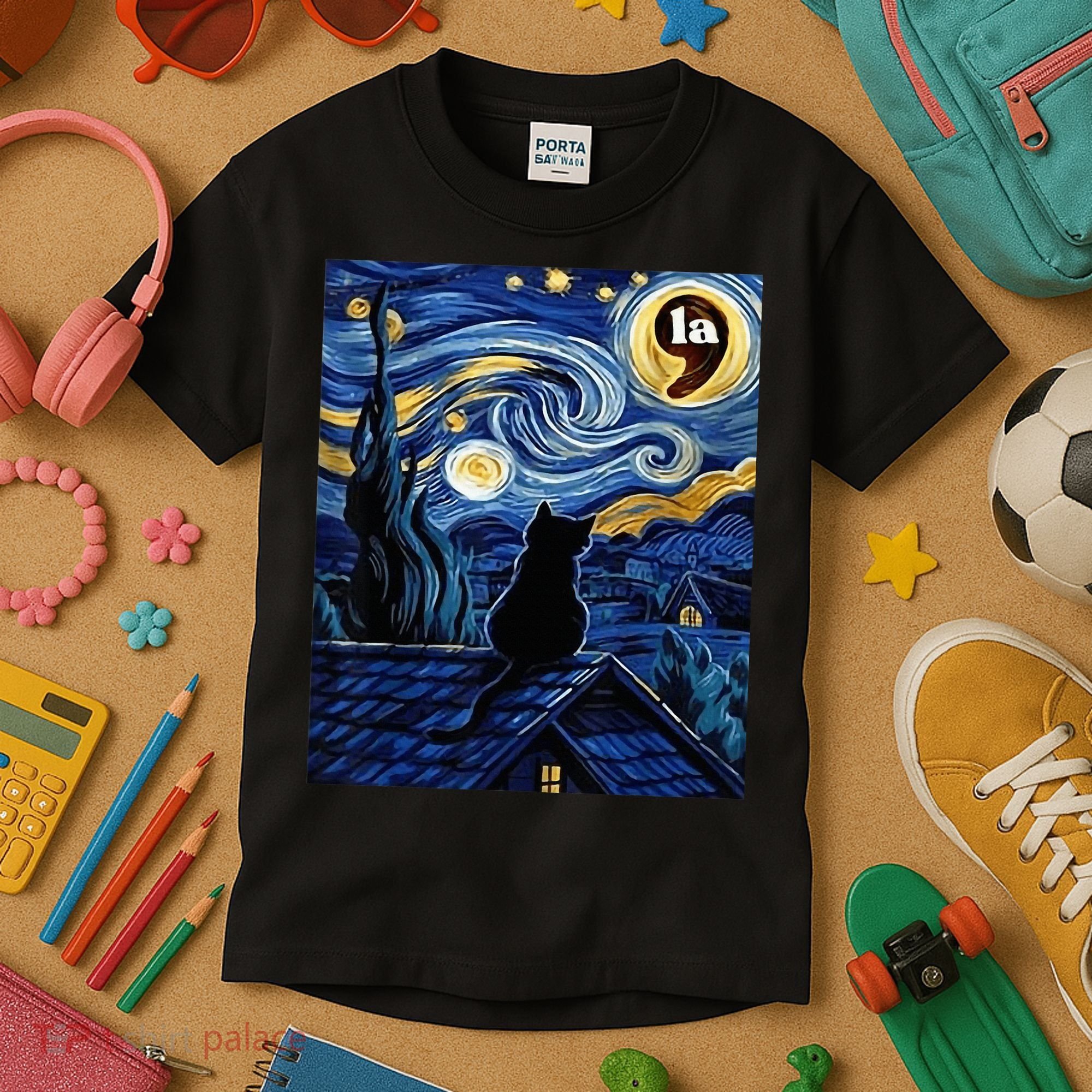 Halloween Starry Night Black Cat Comma La Kamala Harris Kids T-Shirt