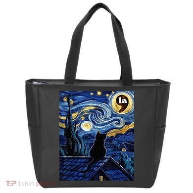 Halloween Starry Night Black Cat Comma La Kamala Harris Tote Bag