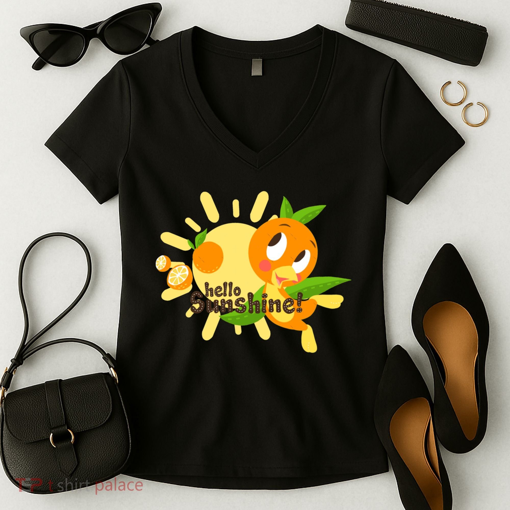 Hello Sunshine! Orange Bird (White Background) Women's V-Neck T-Shirt
