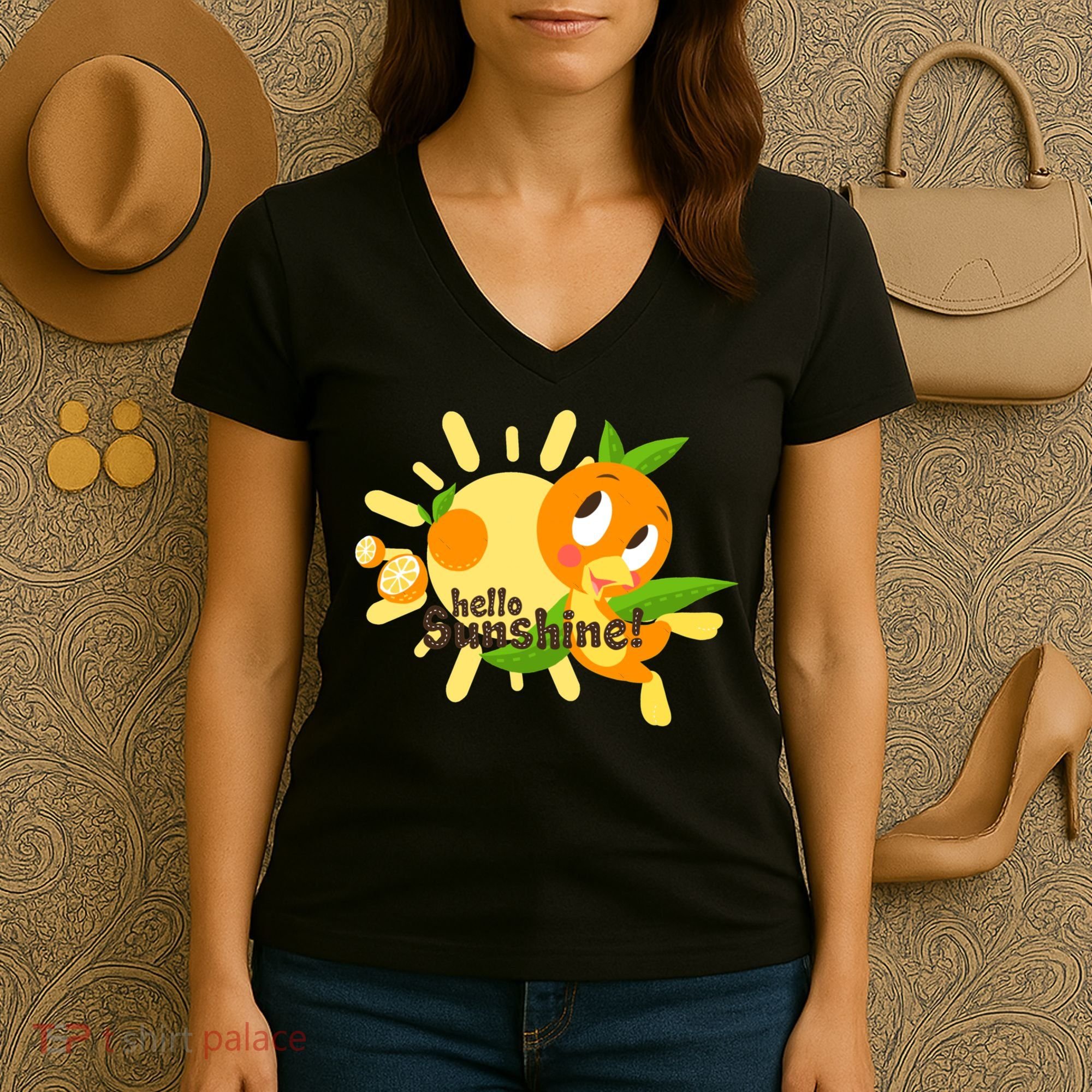 Hello Sunshine! Orange Bird (White Background) Women's V-Neck T-Shirt