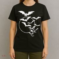 Halloween Swarm Of Bats Full Moon Spooky Vintage Art Graphic T-Shirt thumb 4