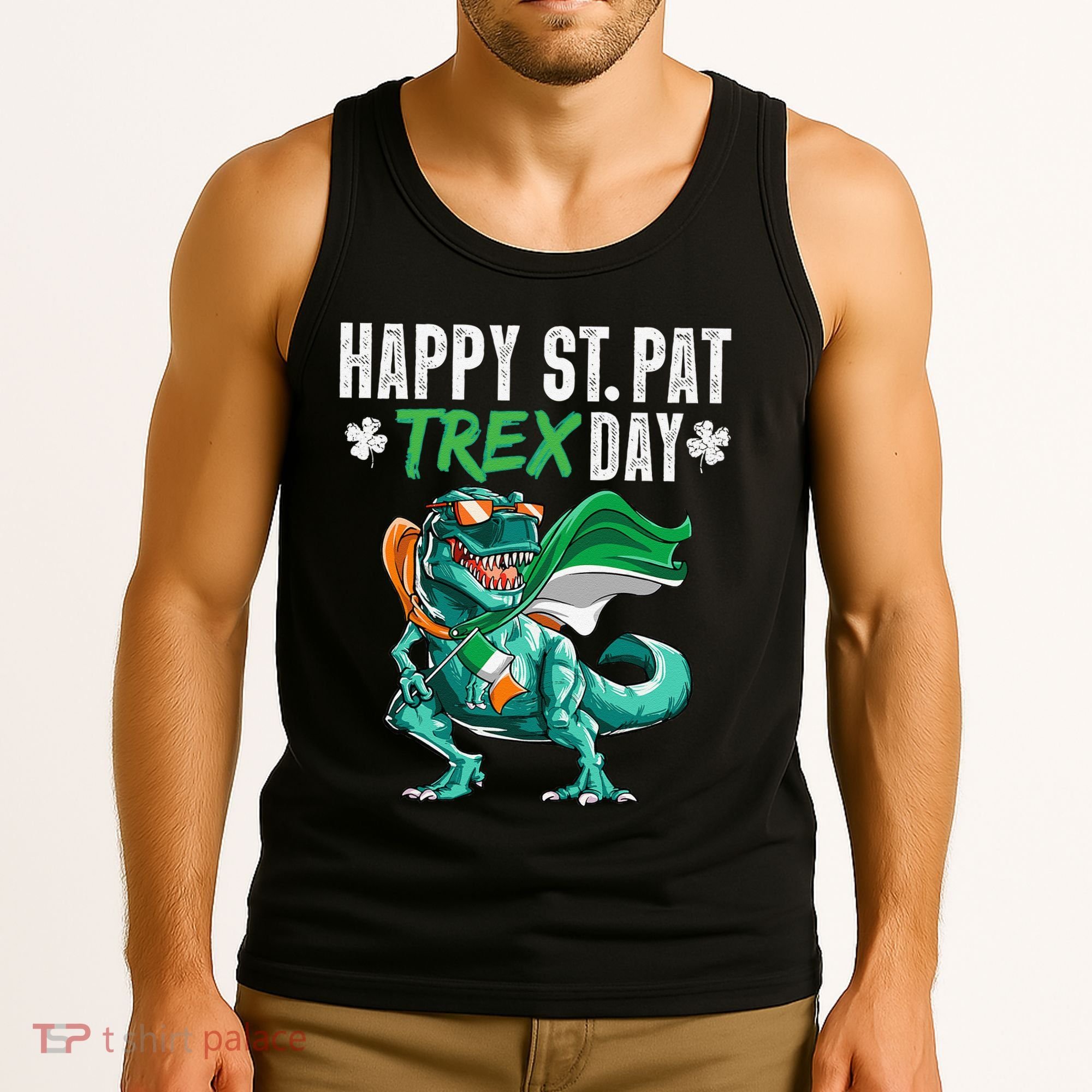 Happy St Pat T Rex Saint Patrick's Day Irish Flag Tank Top