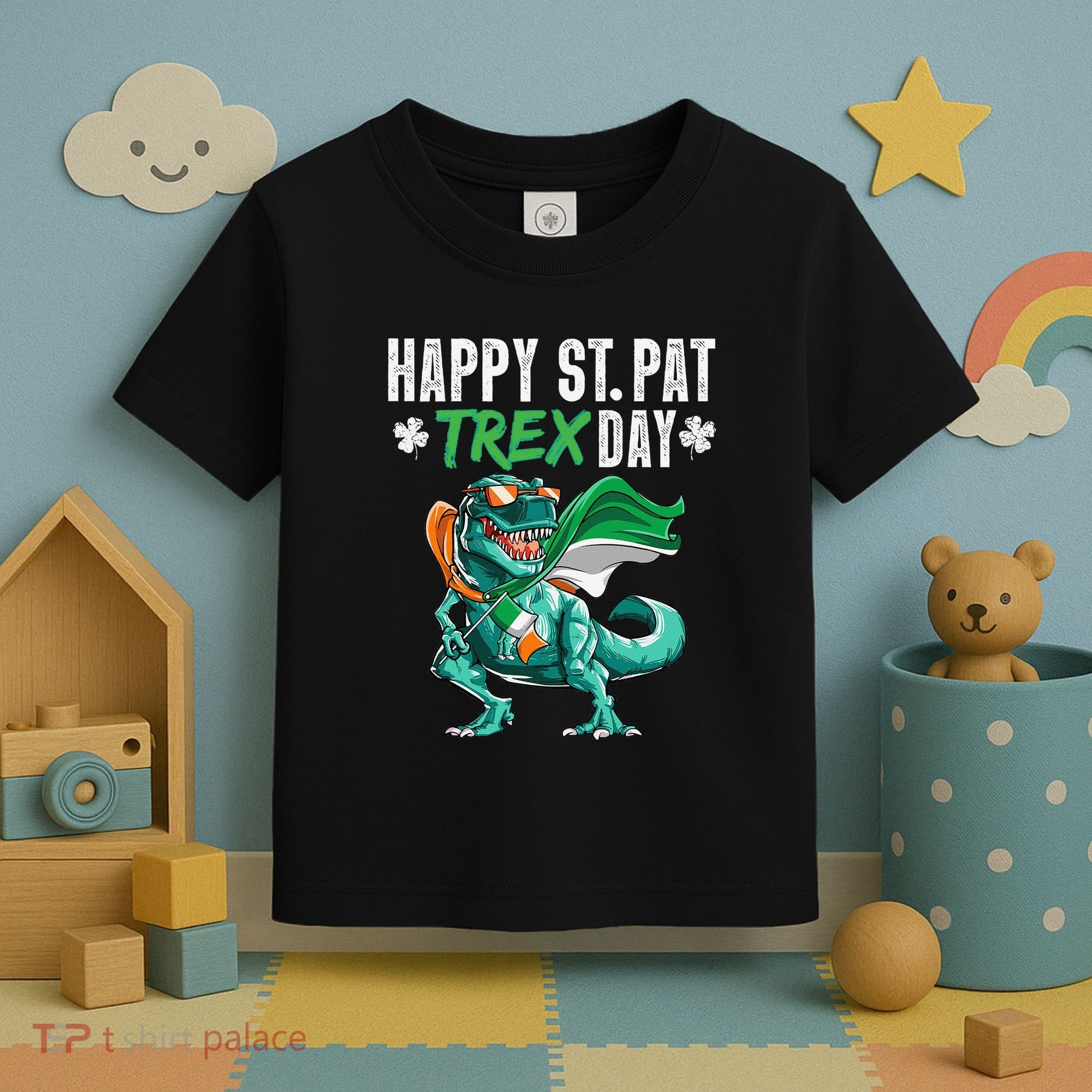 Happy St Pat T Rex Saint Patrick's Day Irish Flag Toddler T-Shirt
