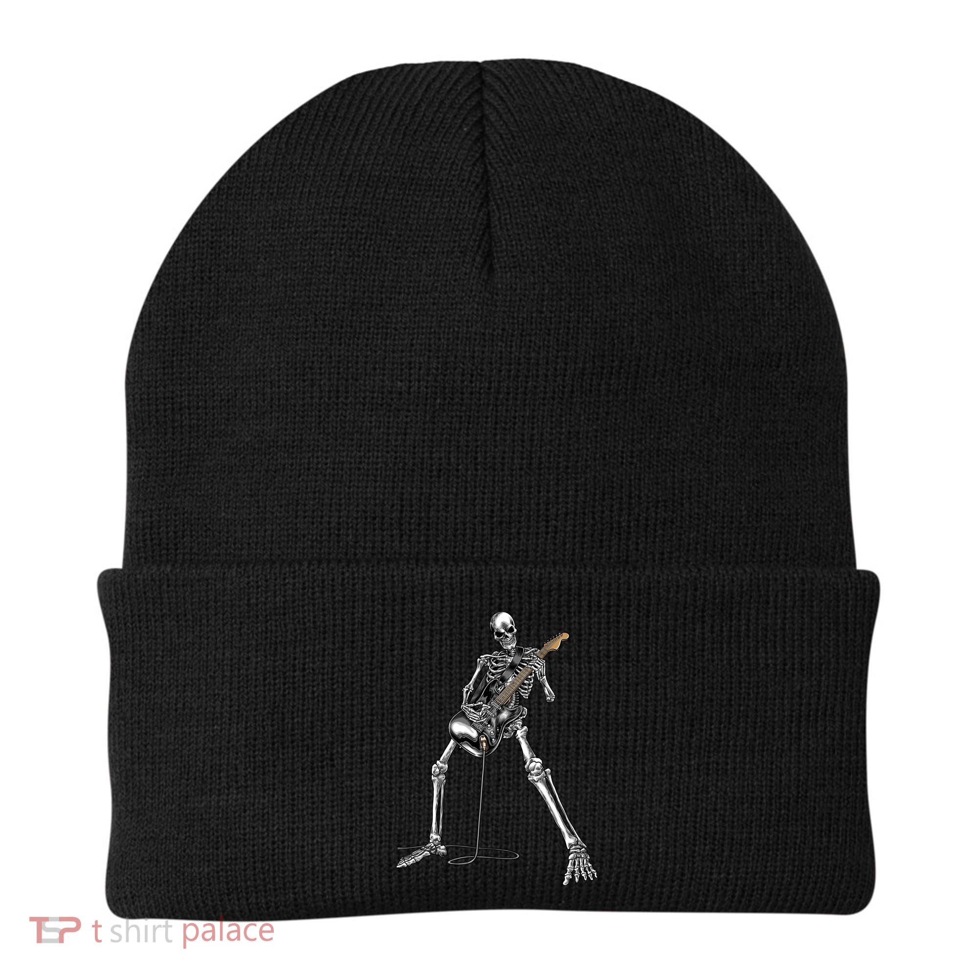 Halloween Skeleton Playing Guitar Rock And Roll Band Tees Beanie
