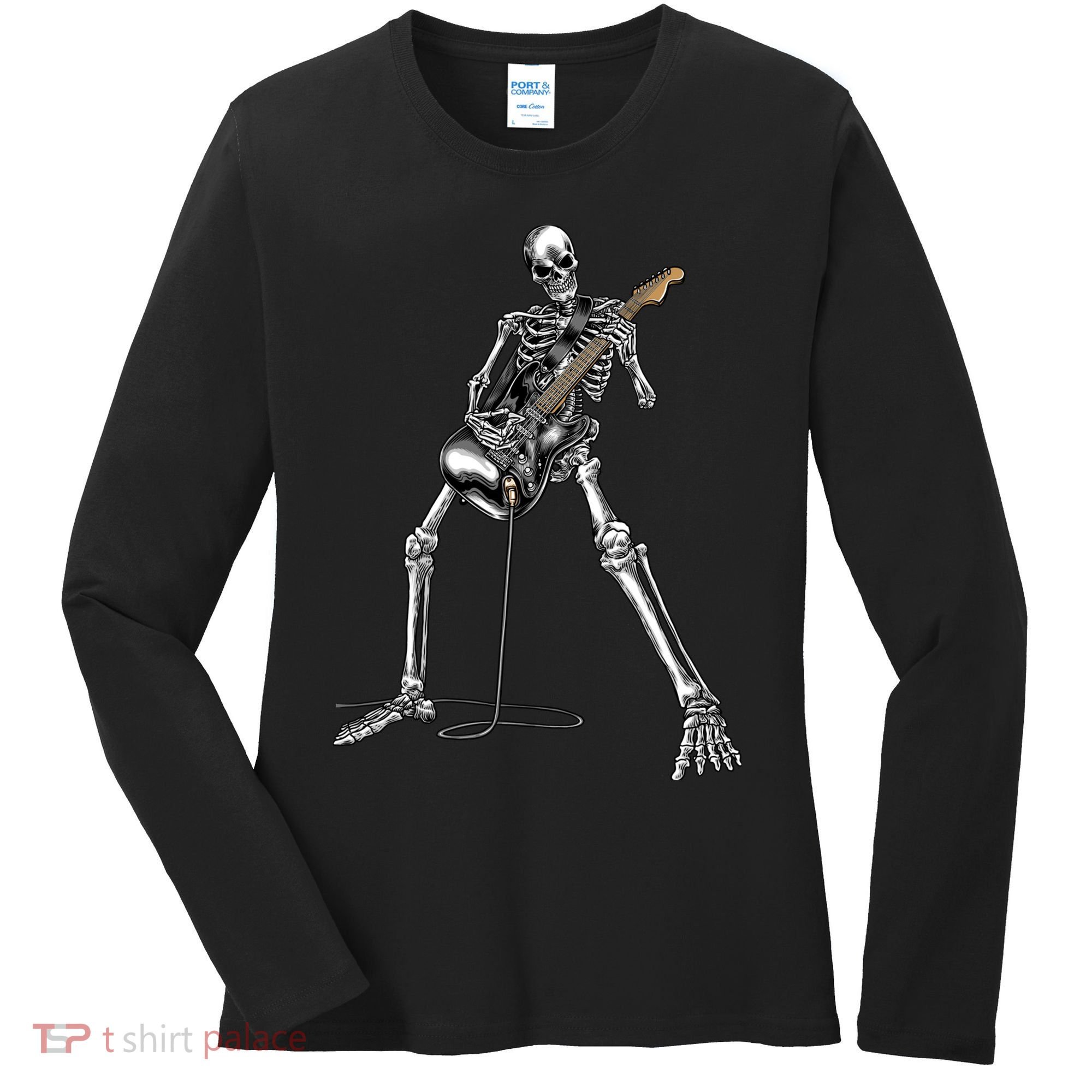Halloween Skeleton Playing Guitar Rock And Roll Band Tees Women's Long Sleeve Shirt