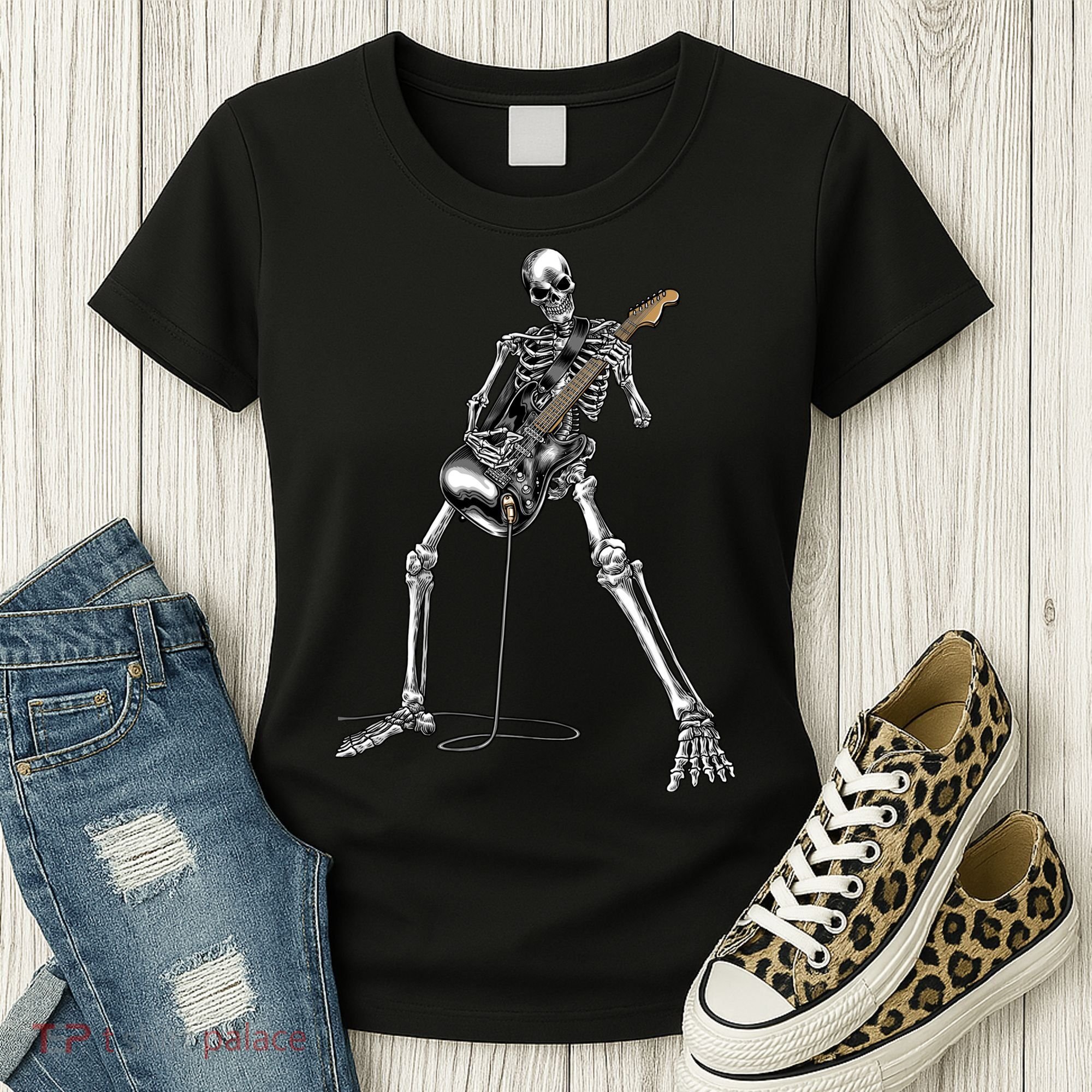 Halloween Skeleton Playing Guitar Rock And Roll Band Tees Women's T-Shirt