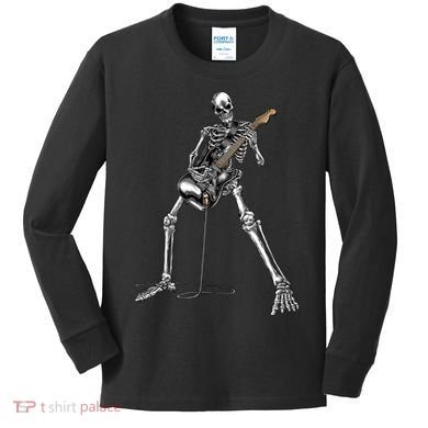 Halloween Skeleton Playing Guitar Rock And Roll Band Tees Kids Long Sleeve Shirt