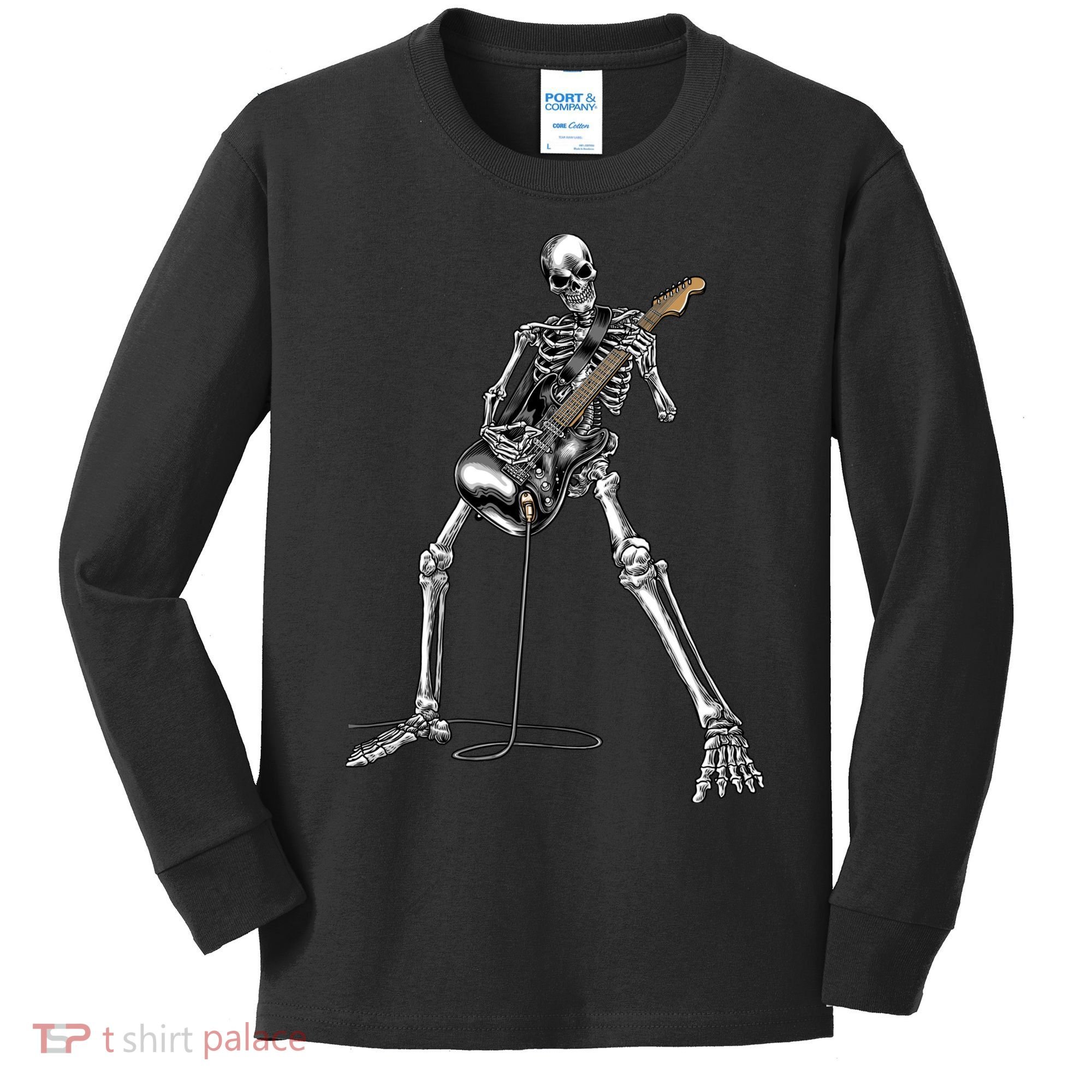 Halloween Skeleton Playing Guitar Rock And Roll Band Tees Kids Long Sleeve Shirt