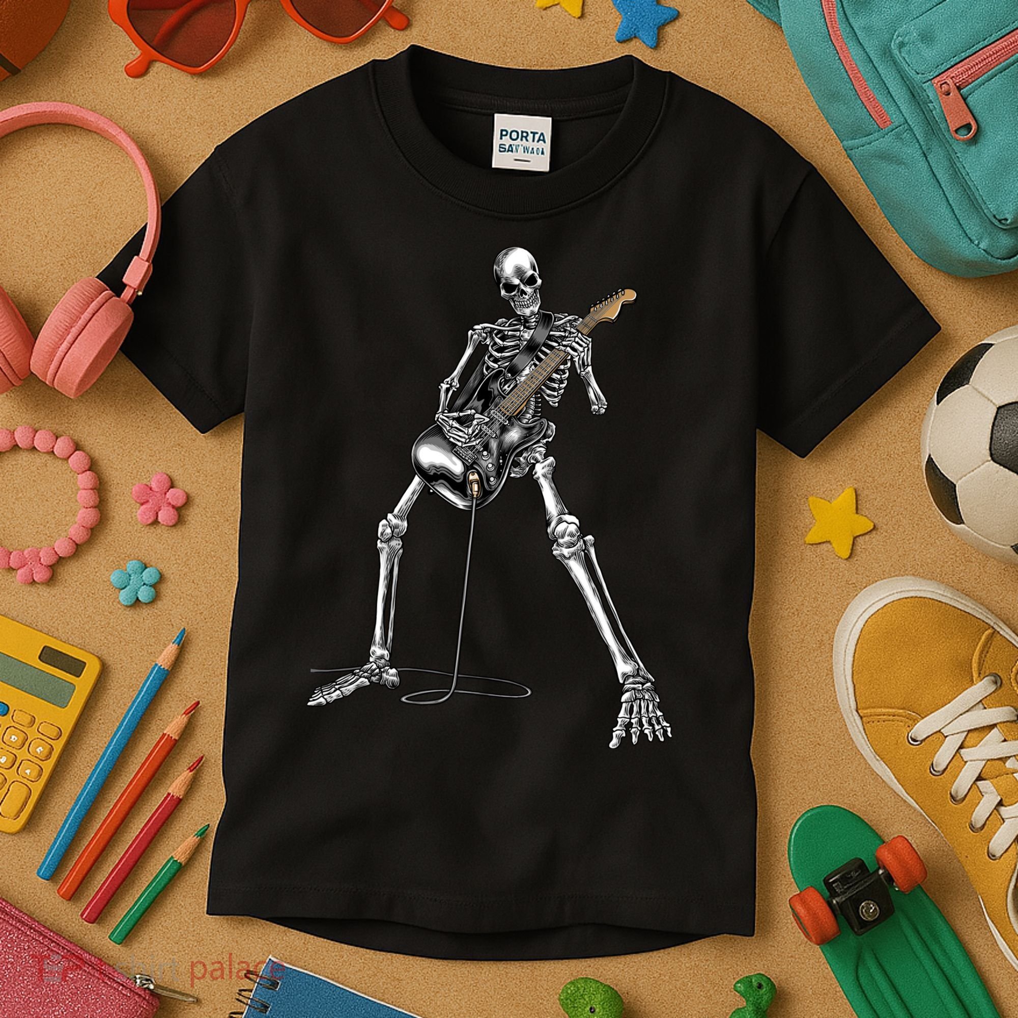 Halloween Skeleton Playing Guitar Rock And Roll Band Tees Kids T-Shirt