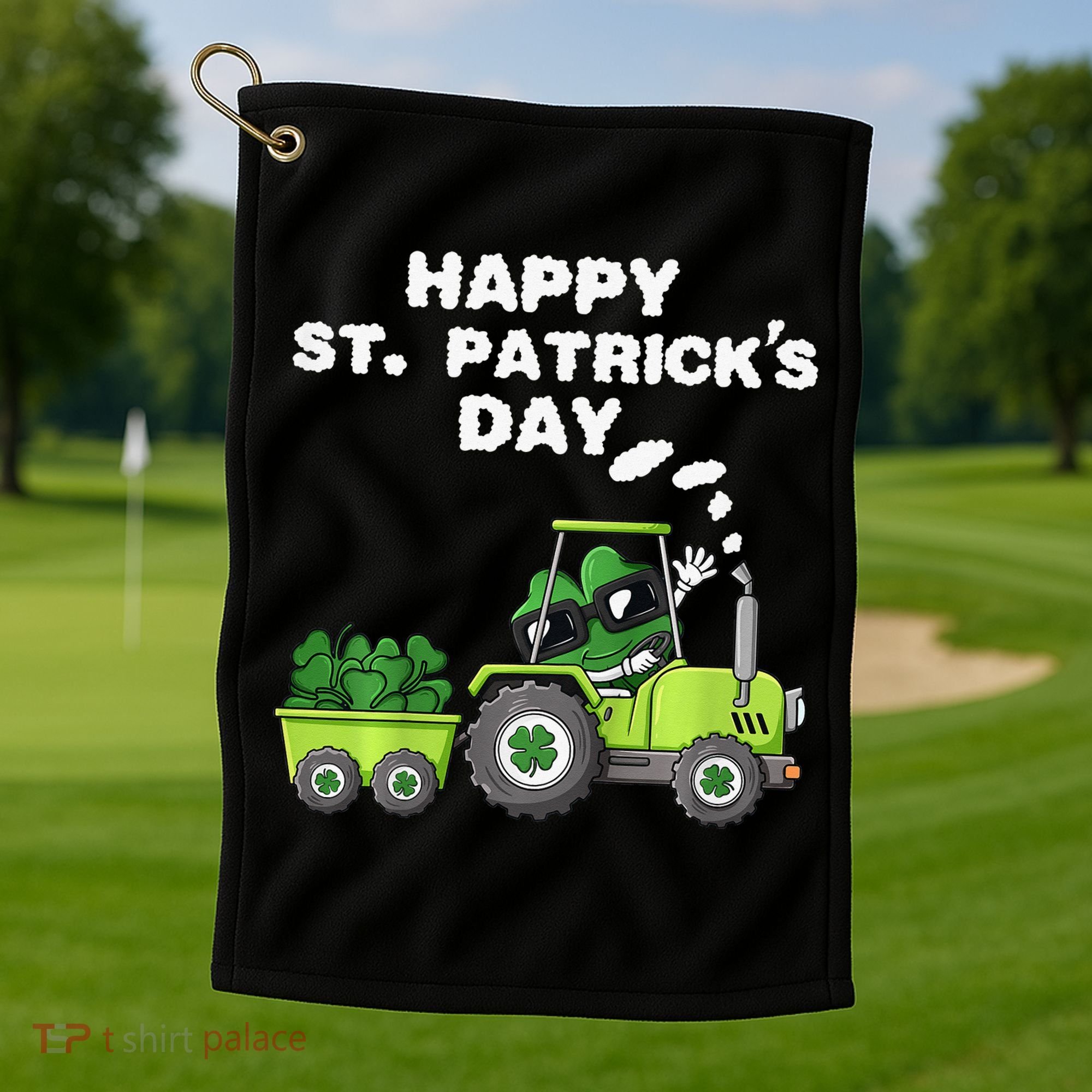 Happy St Patricks Day Shamrock Tractor Clover Golf Towel