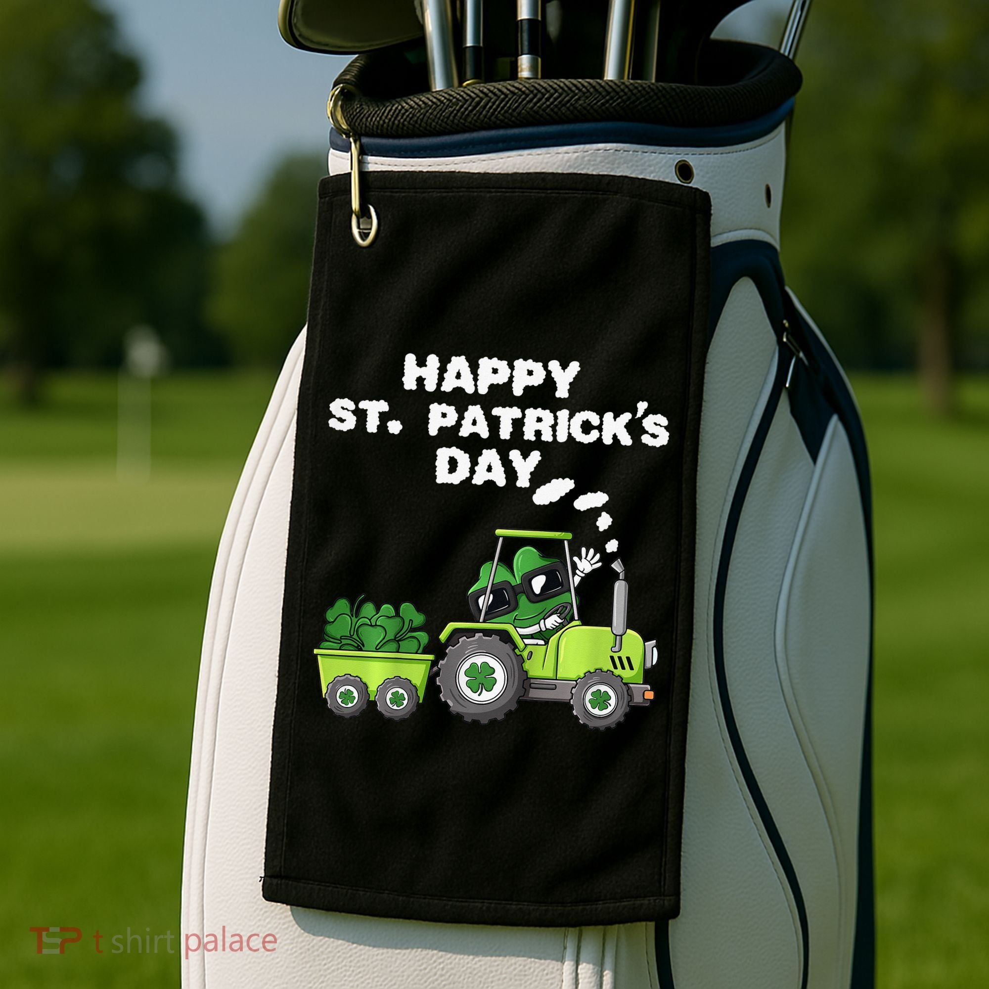 Happy St Patricks Day Shamrock Tractor Clover Golf Towel
