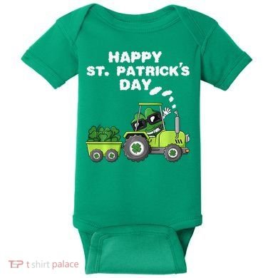 Happy St Patricks Day Shamrock Tractor Clover Baby Bodysuit
