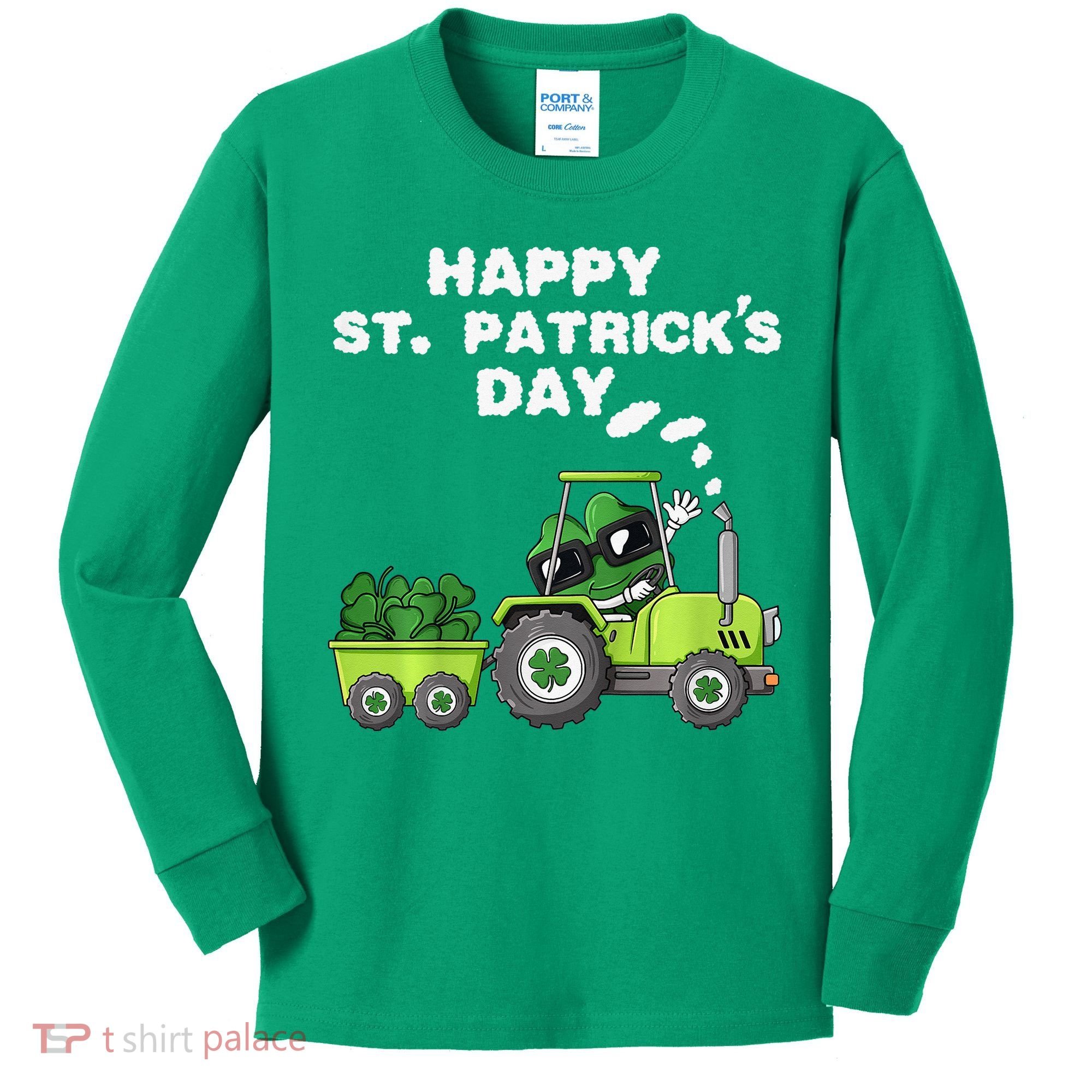 Happy St Patricks Day Shamrock Tractor Clover Kids Long Sleeve Shirt