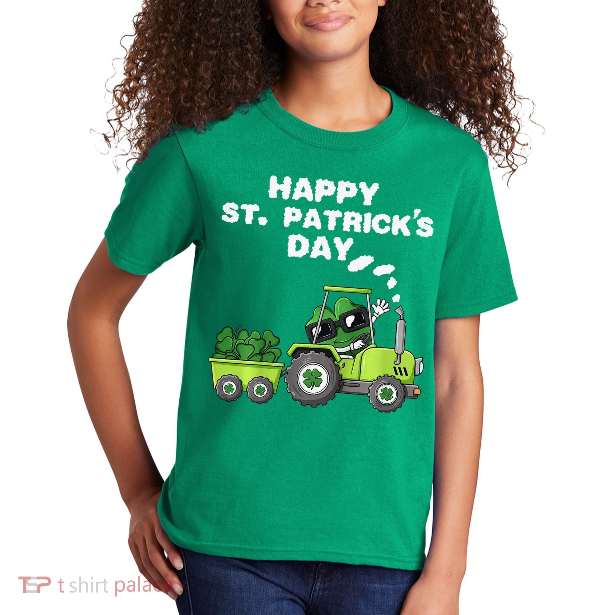 Happy St Patricks Day Shamrock Tractor Clover Kids T-Shirt