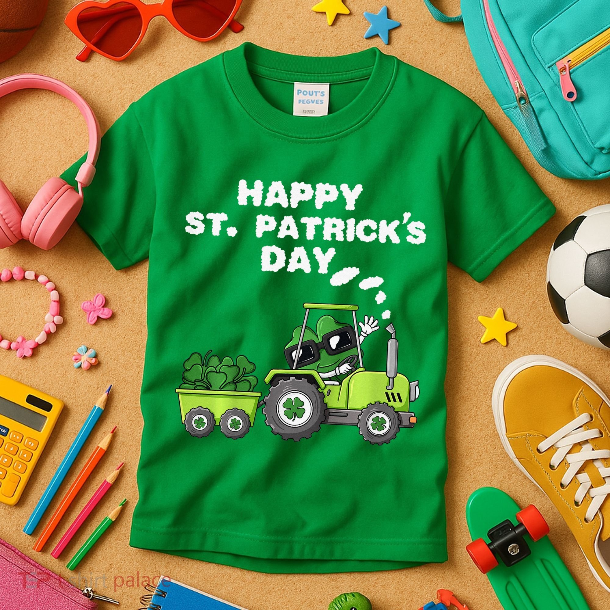 Happy St Patricks Day Shamrock Tractor Clover Kids T-Shirt
