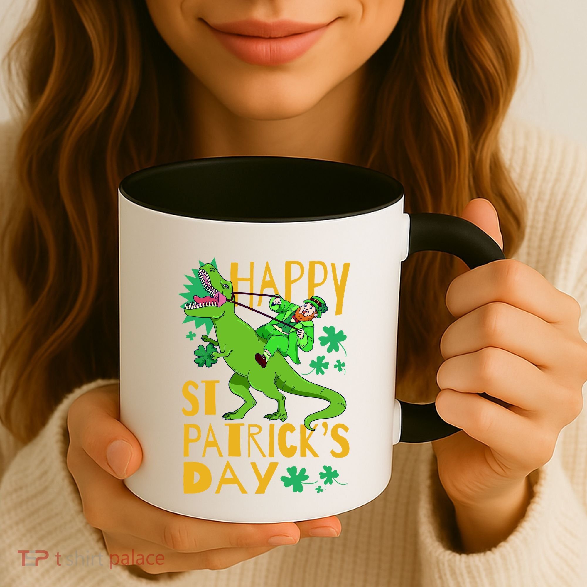 Happy St. Patrick's Day TRex Leprechaun Irish Clover Coffee Mug