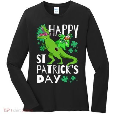 Happy St. Patrick's Day TRex Leprechaun Irish Clover Women's Long Sleeve Shirt