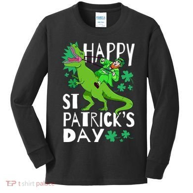 Happy St. Patrick's Day TRex Leprechaun Irish Clover Kids Long Sleeve Shirt